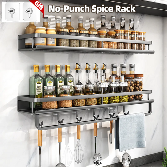 Porta-Temperos de Parede Sem Furo – Organizador com Ganchos para Cozinha ou Banheiro (1 ou 2 peças)