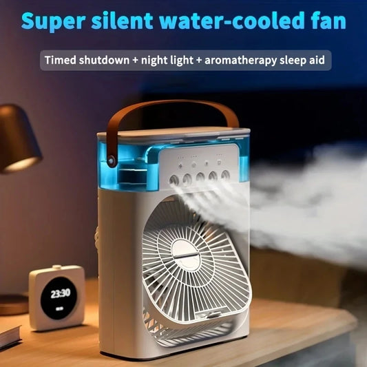 Climatizador Portátil 3 em 1 – Ventilador USB, Umidificador e Luz Noturna LED