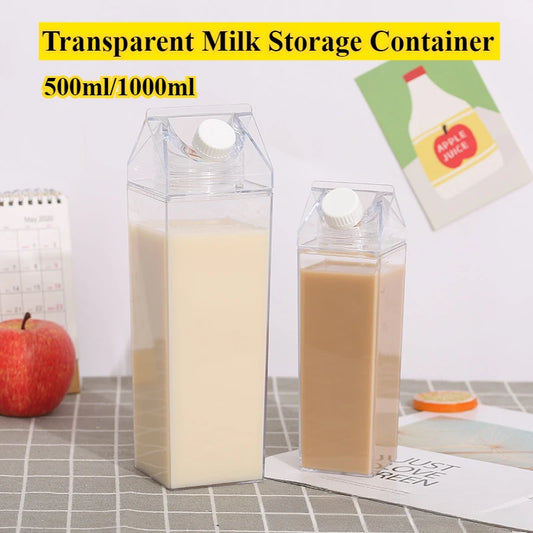 Garrafa Plástica Quadrada 500/1000ml – Transparente, Antivazamento e Reutilizável para Suco ou Leite